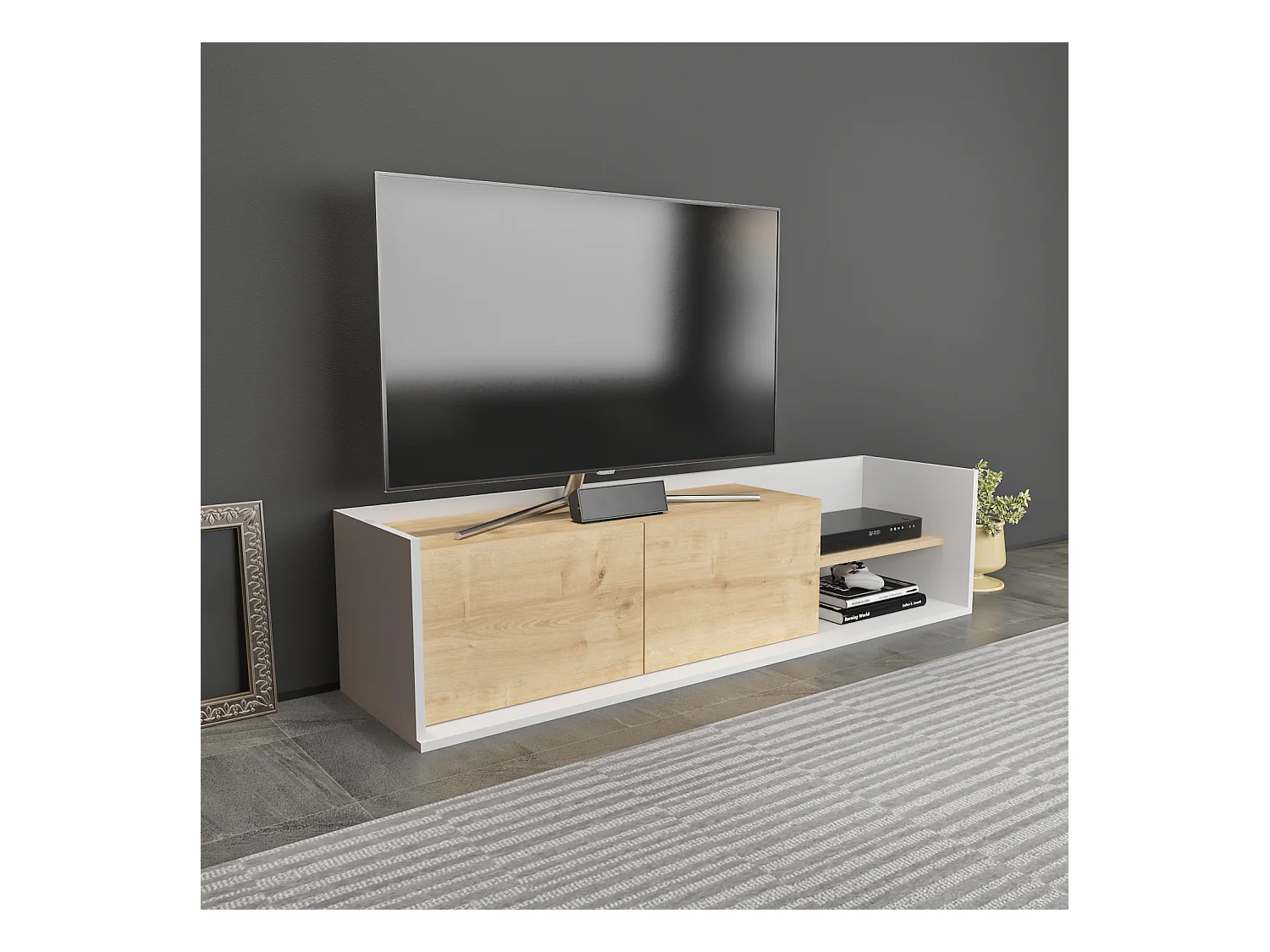 Krog 160 cm Meuble TV | Étagères ouvertes et Armoires battantes (Blanc et Chêne)