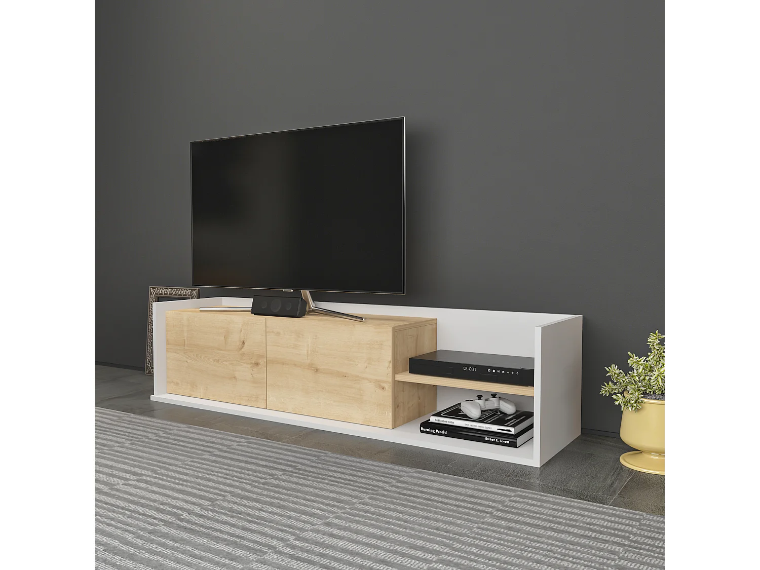 Krog 160 cm Meuble TV | Étagères ouvertes et Armoires battantes (Blanc et Chêne)