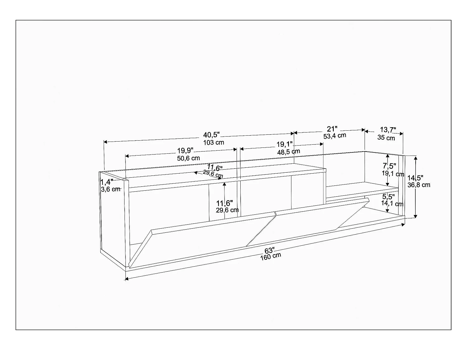 Krog 160 cm Meuble TV | Étagères ouvertes et Armoires battantes (Blanc et Chêne)