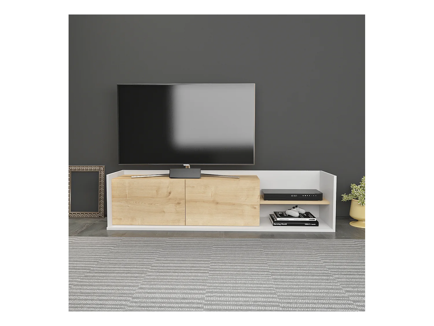 Krog 160 cm Meuble TV | Étagères ouvertes et Armoires battantes (Blanc et Chêne)