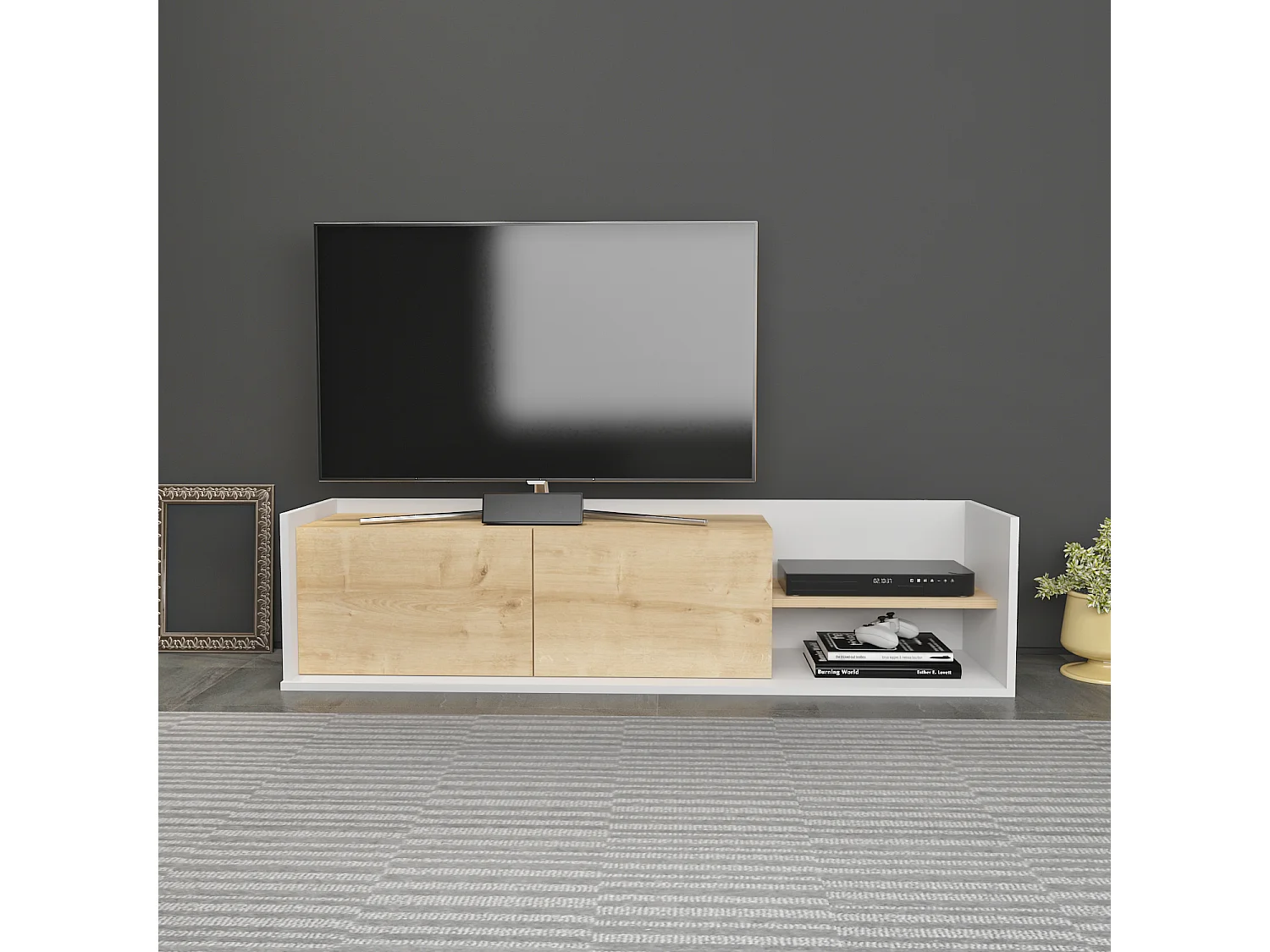 Krog 160 cm Meuble TV | Étagères ouvertes et Armoires battantes (Blanc et Chêne)