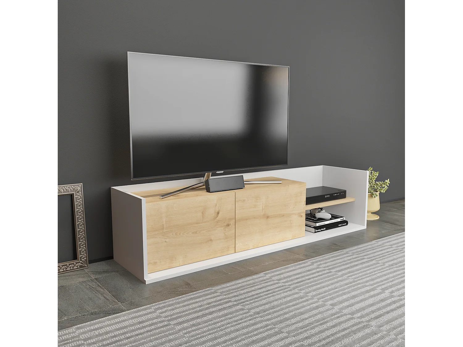 Krog 160 cm Meuble TV | Étagères ouvertes et Armoires battantes (Blanc et Chêne)