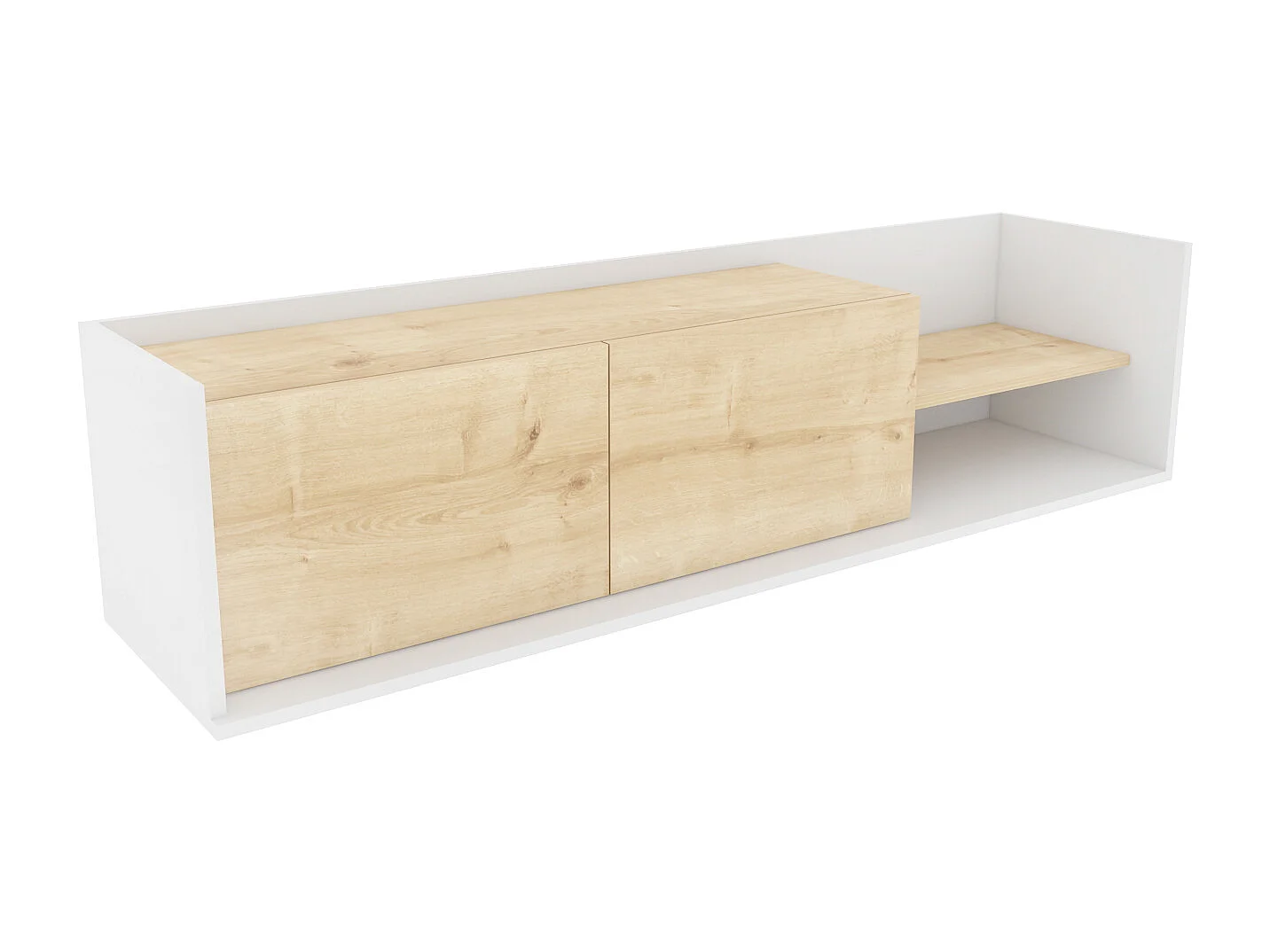 Krog 160 cm Meuble TV | Étagères ouvertes et Armoires battantes (Blanc et Chêne)