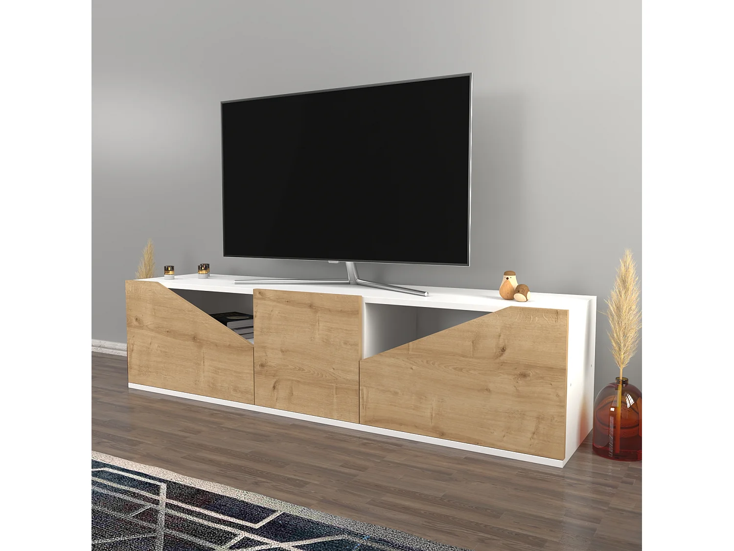 Piedmont 160 cm Meuble TV Armoires Battantes et Niche (Blanc et Chêne)