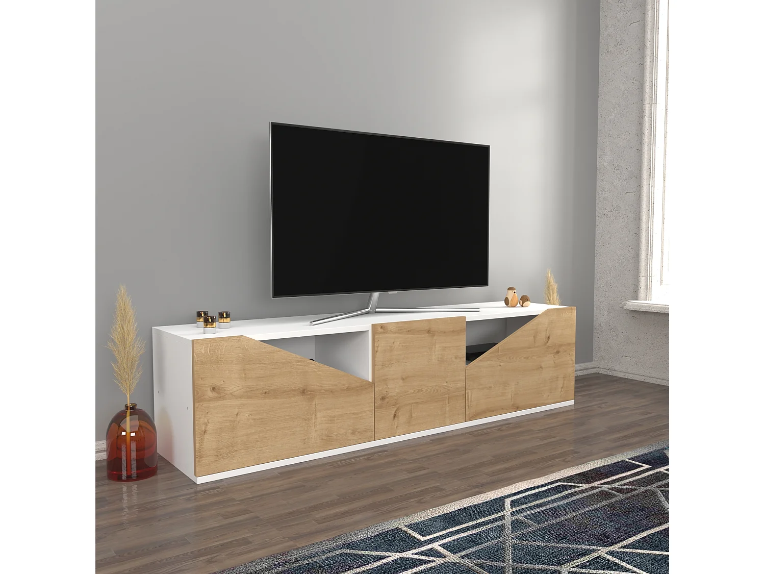 Piedmont 160 cm Meuble TV Armoires Battantes et Niche (Blanc et Chêne)