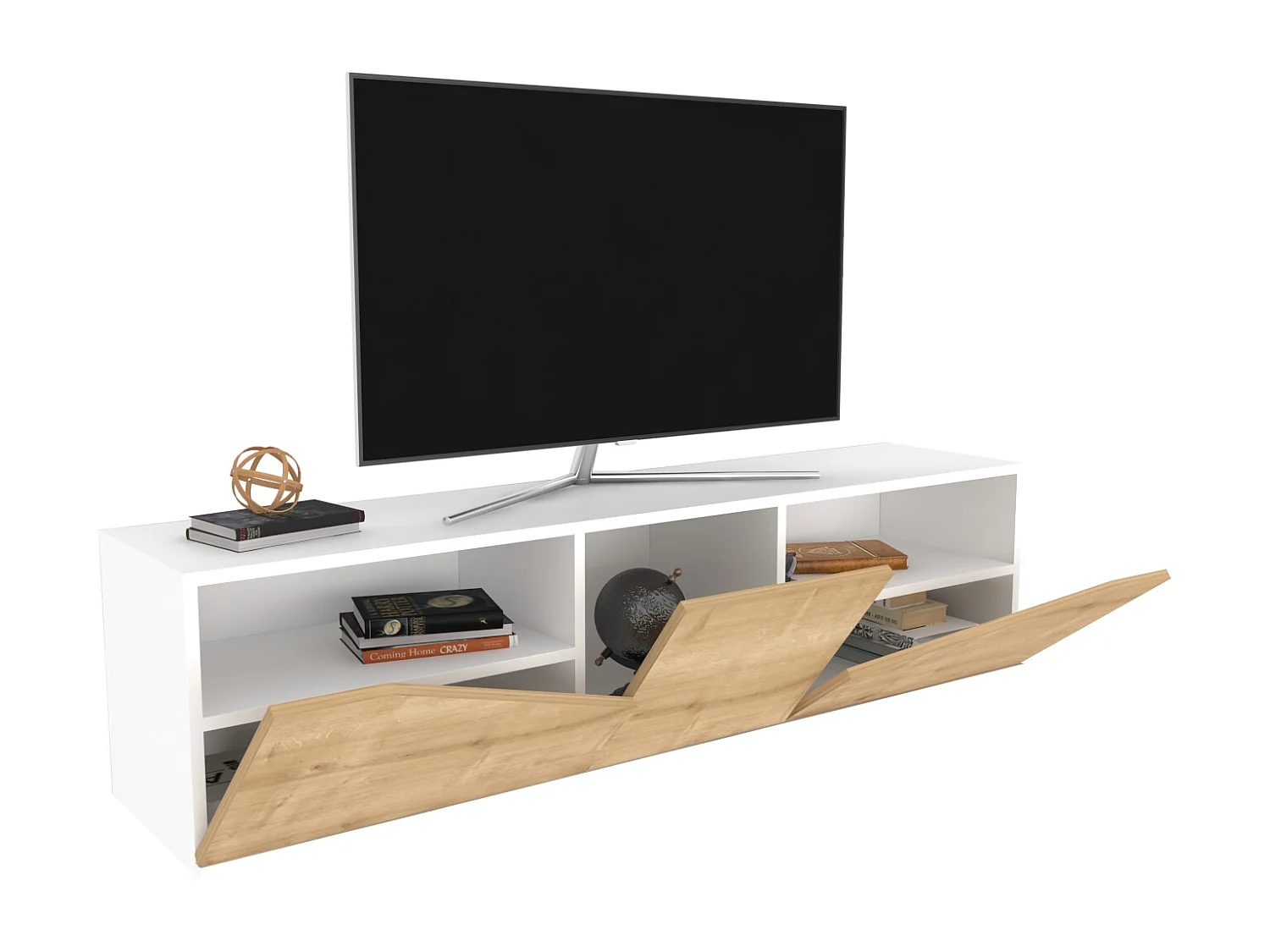 Piedmont 160 cm Meuble TV Armoires Battantes et Niche (Blanc et Chêne)
