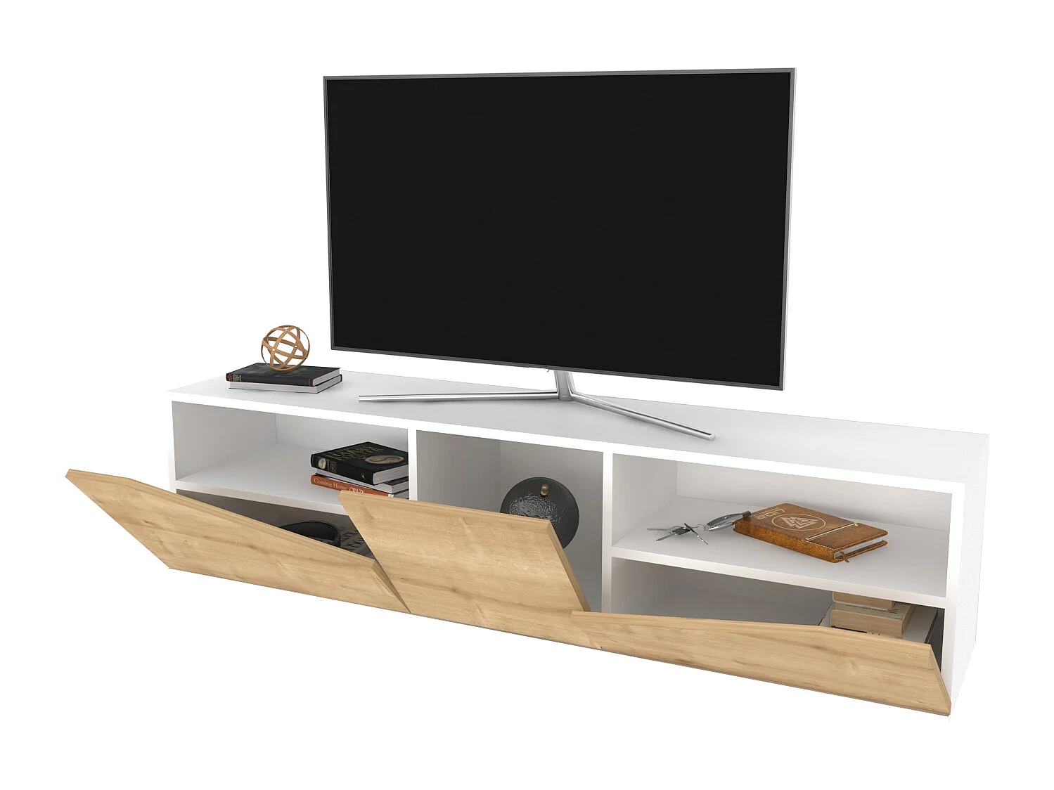 Piedmont 160 cm Meuble TV Armoires Battantes et Niche (Blanc et Chêne)