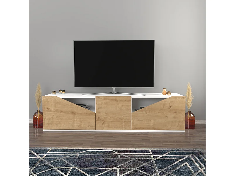 Piedmont 160 cm Meuble TV Armoires Battantes et Niche (Blanc et Chêne)