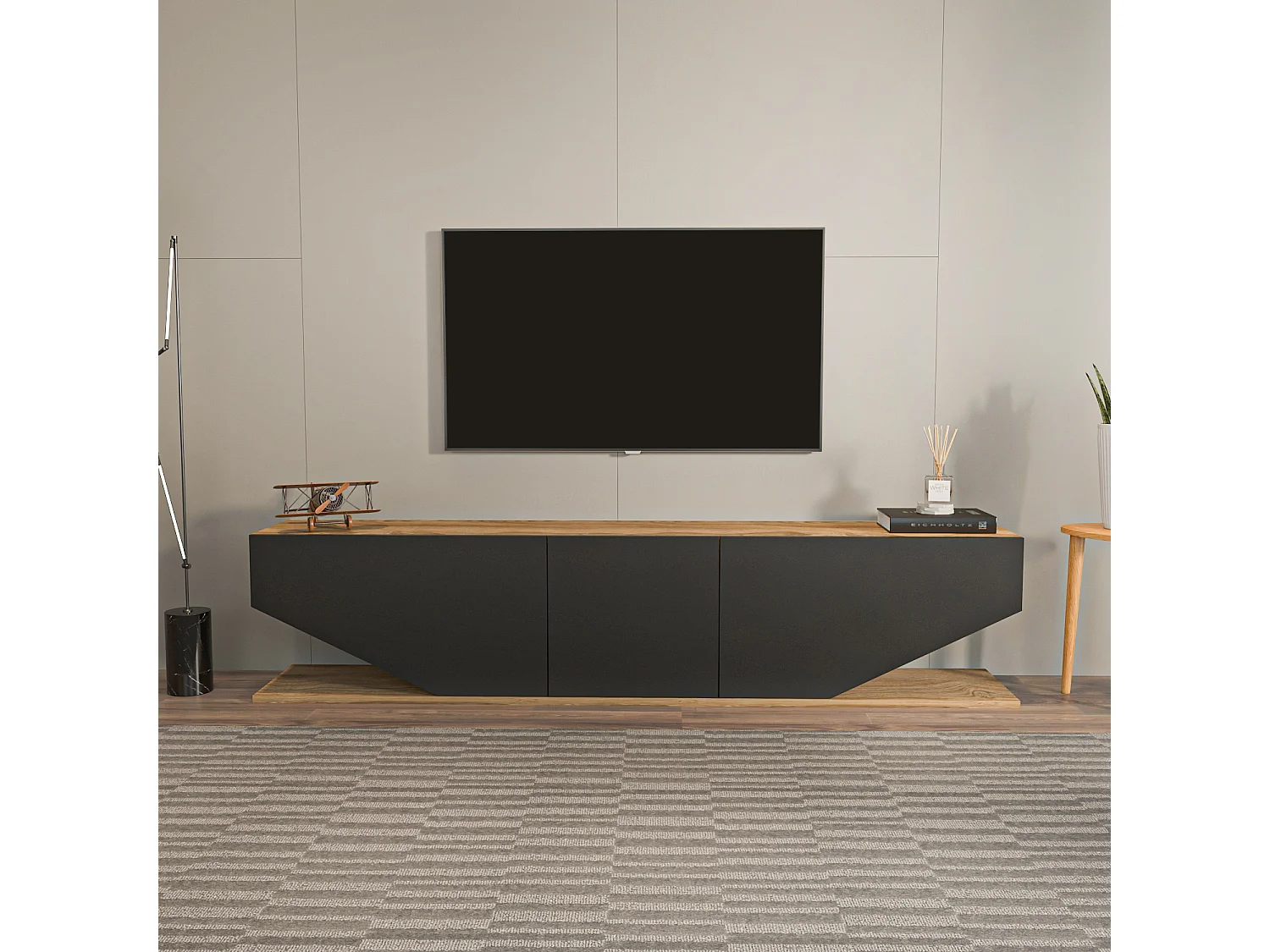 Meuble TV Pearl de 180 cm avec des armoires en style ailes (Oud et noir)