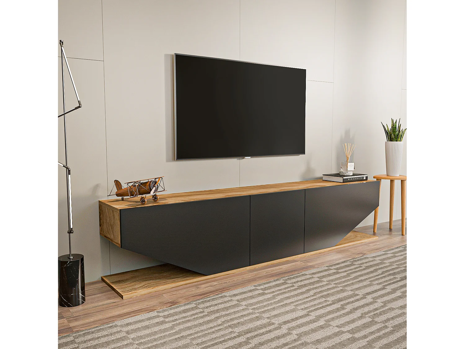 Meuble TV Pearl de 180 cm avec des armoires en style ailes (Oud et noir)
