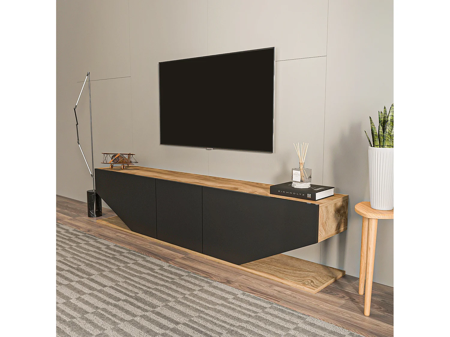 Meuble TV Pearl de 180 cm avec des armoires en style ailes (Oud et noir)