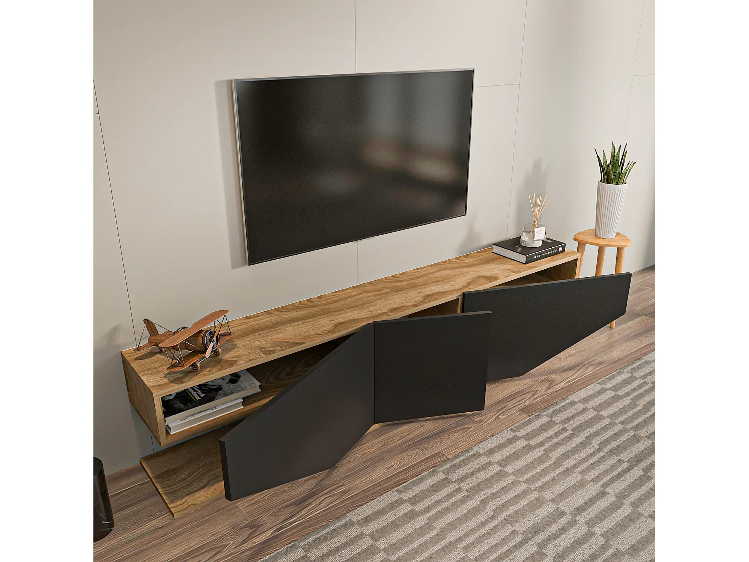 Meuble TV Pearl de 180 cm avec des armoires en style ailes (Oud et noir)