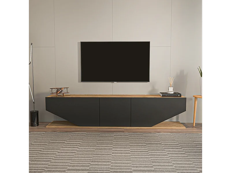 Meuble TV Pearl de 180 cm avec des armoires en style ailes (Oud et noir)