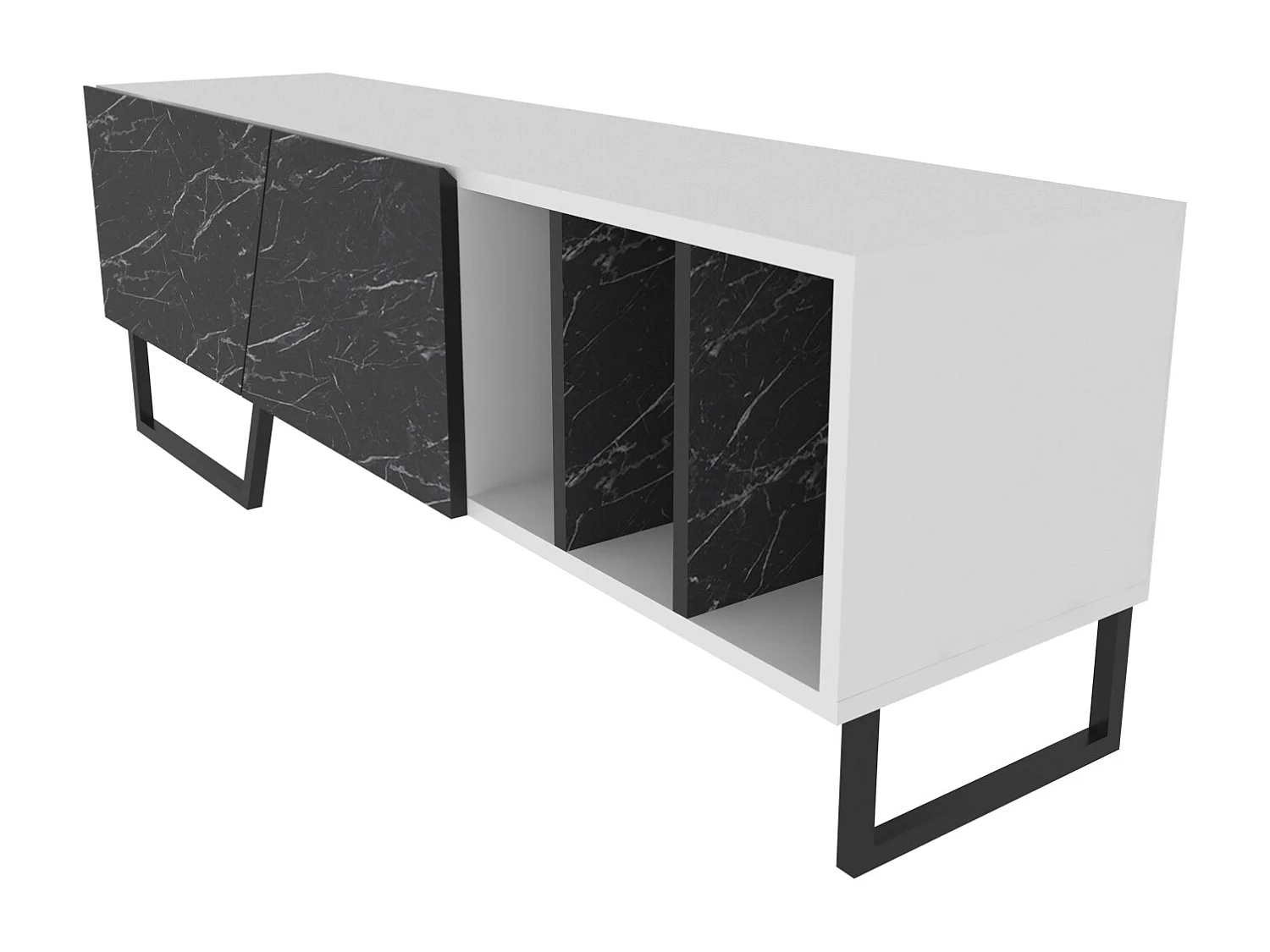 Meuble TV Linossa, niches et armoires, pied en métal (Blanc et Effet marbre noir)