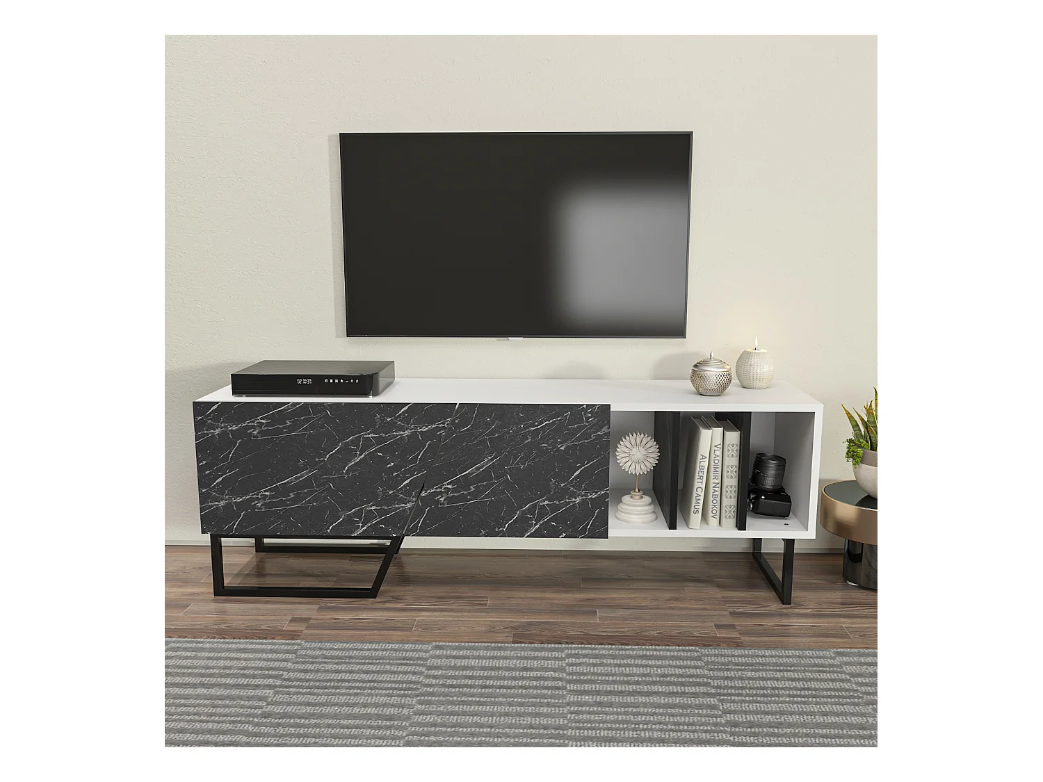 Meuble TV Linossa, niches et armoires, pied en métal (Blanc et Effet marbre noir)