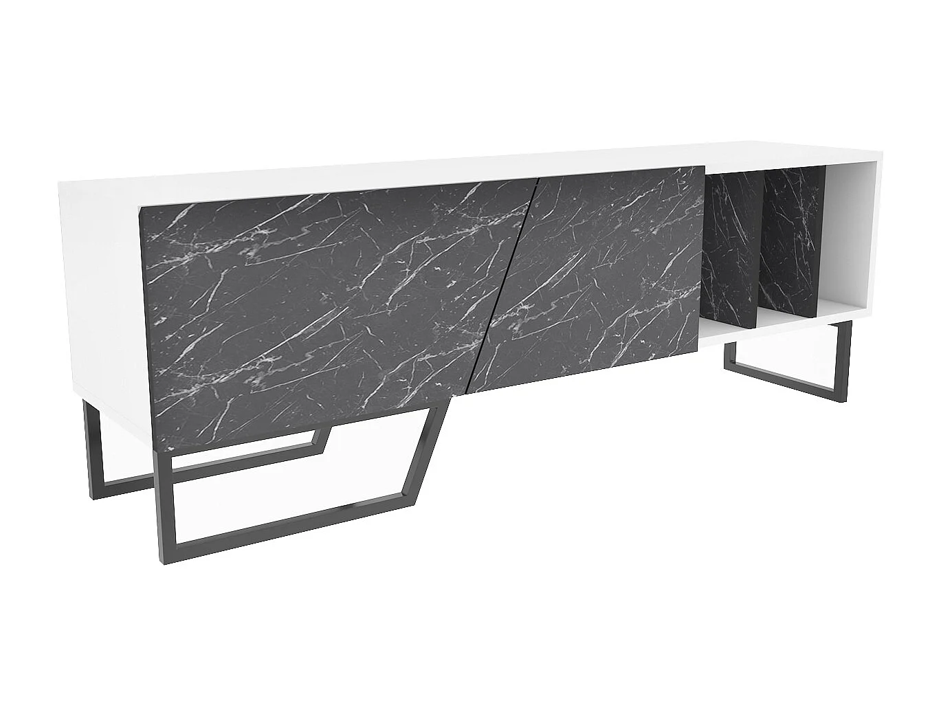 Meuble TV Linossa, niches et armoires, pied en métal (Blanc et Effet marbre noir)