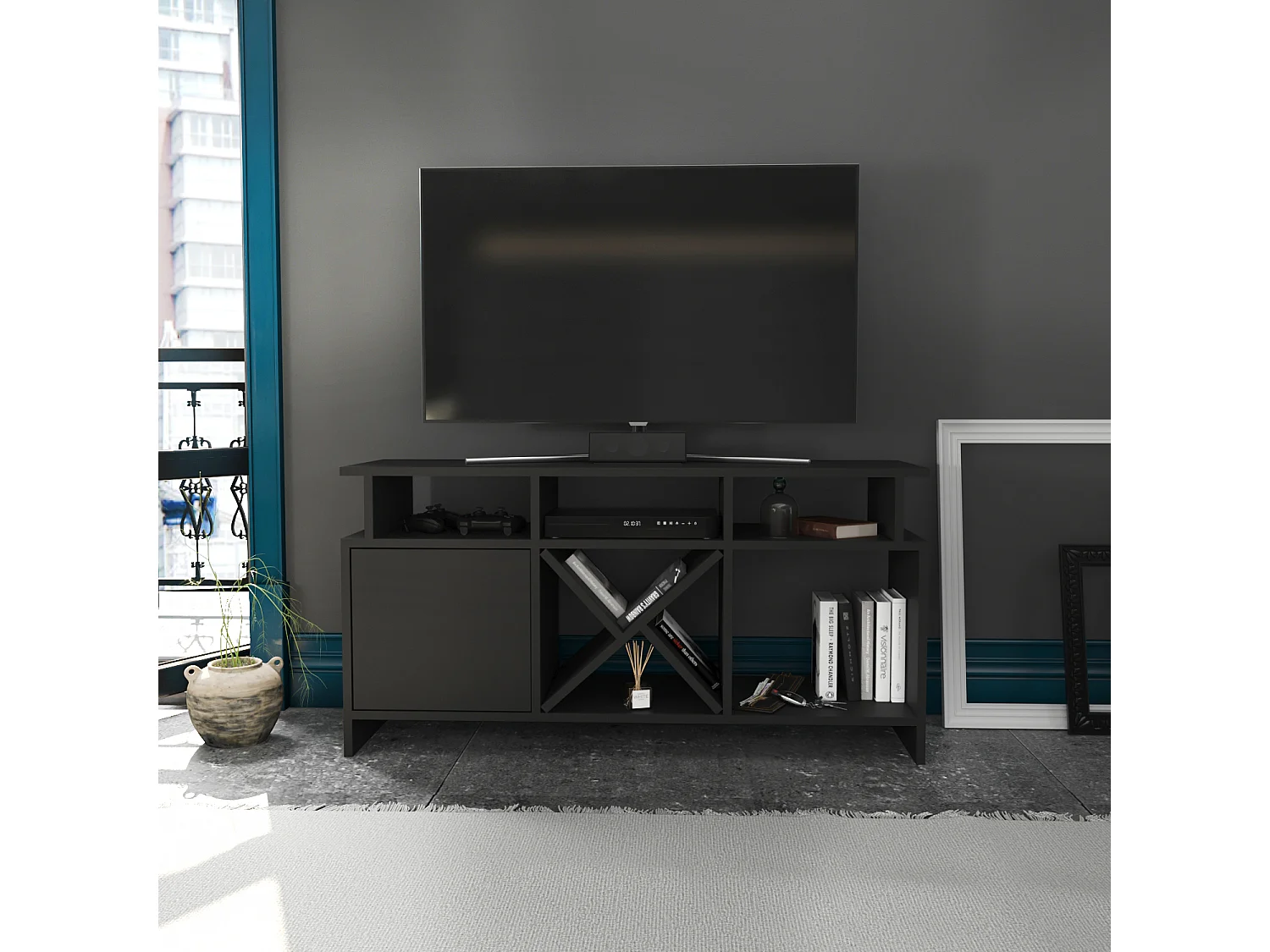 Auburn TV Meuble TV 120 cm Pour les TVs 55" | Niches et Armoire (Anthracite)