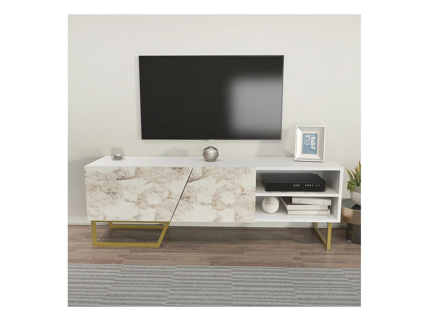 Meuble TV Denasse 150 cm, pied en métal, placards et étagères (Blanc et Effet Marbre Blanc)