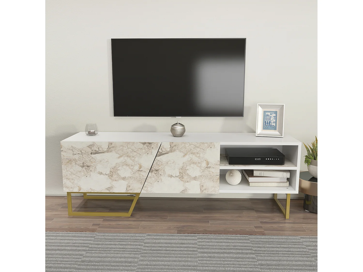 Meuble TV Denasse 150 cm, pied en métal, placards et étagères (Blanc et Effet Marbre Blanc)