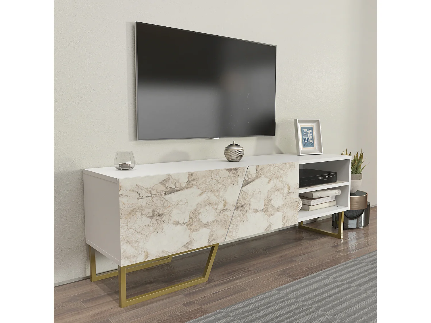 Meuble TV Denasse 150 cm, pied en métal, placards et étagères (Blanc et Effet Marbre Blanc)