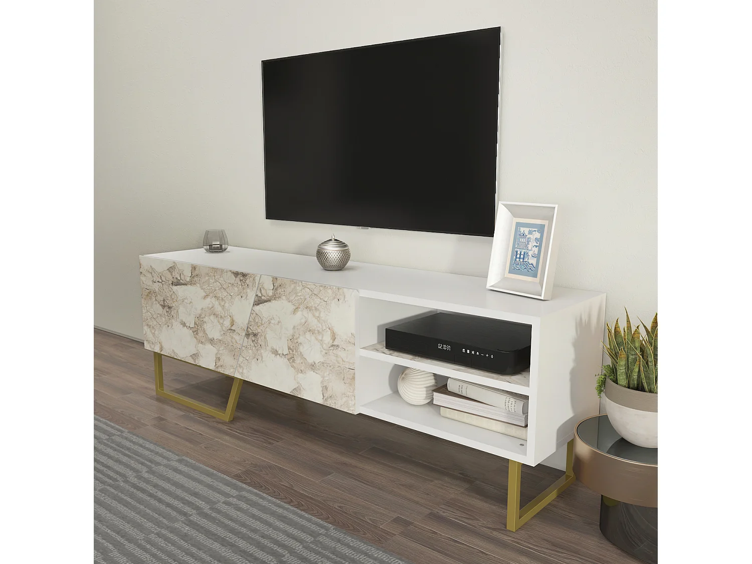 Meuble TV Denasse 150 cm, pied en métal, placards et étagères (Blanc et Effet Marbre Blanc)