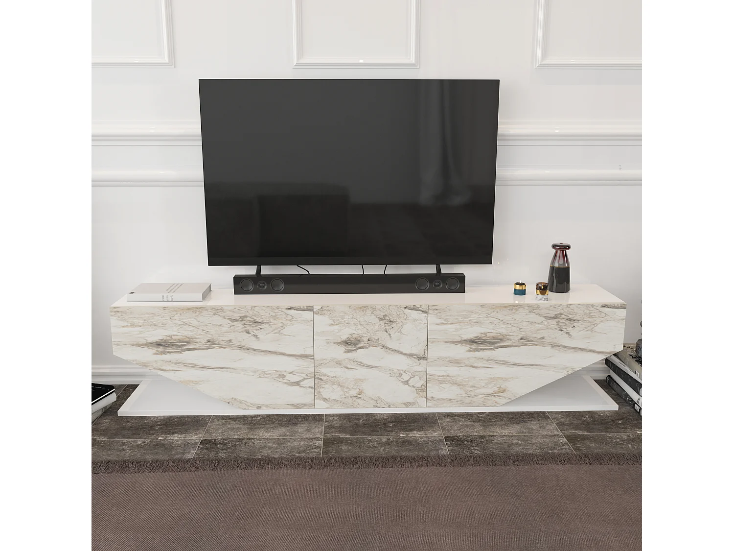 Meuble TV Pearl de 180 cm avec des armoires en style ailes (Blanc et Effet marbre blanc)