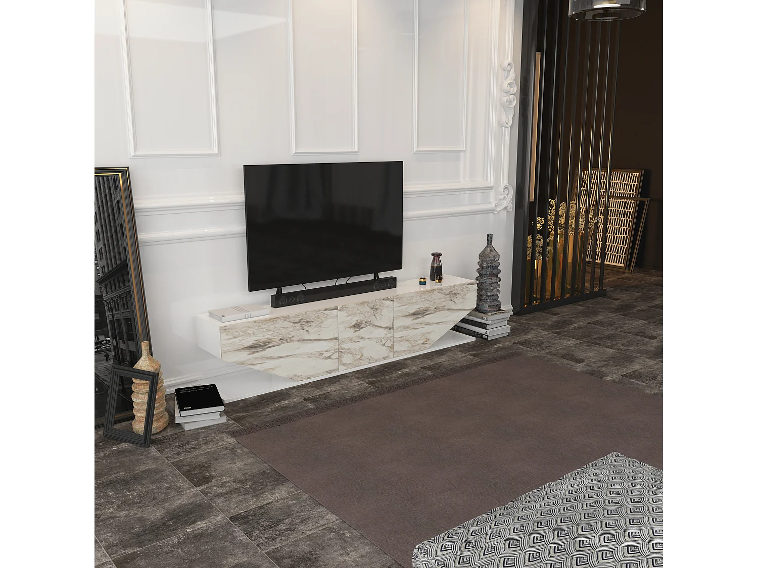 Meuble TV Pearl de 180 cm avec des armoires en style ailes (Blanc et Effet marbre blanc)