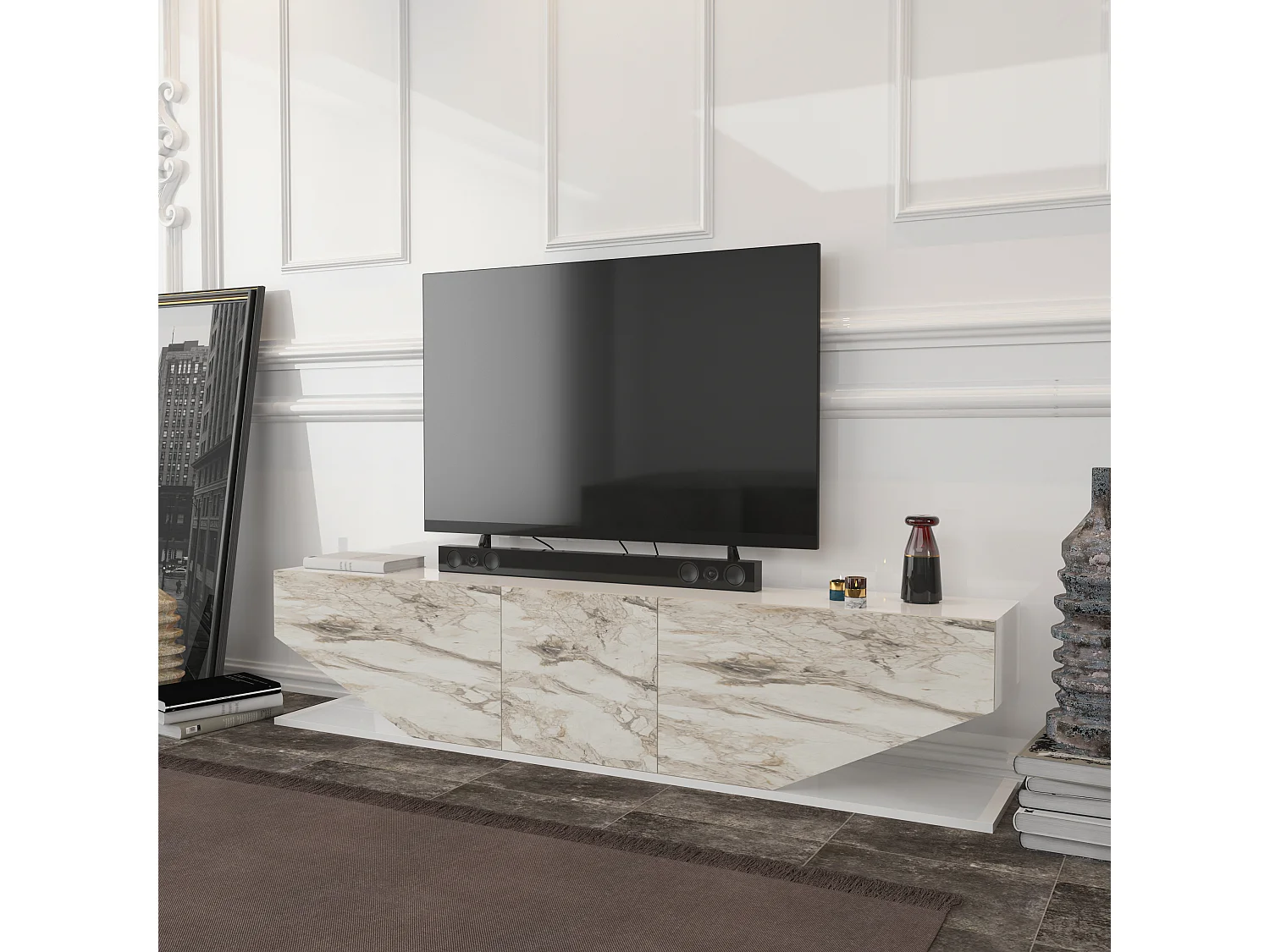 Meuble TV Pearl de 180 cm avec des armoires en style ailes (Blanc et Effet marbre blanc)