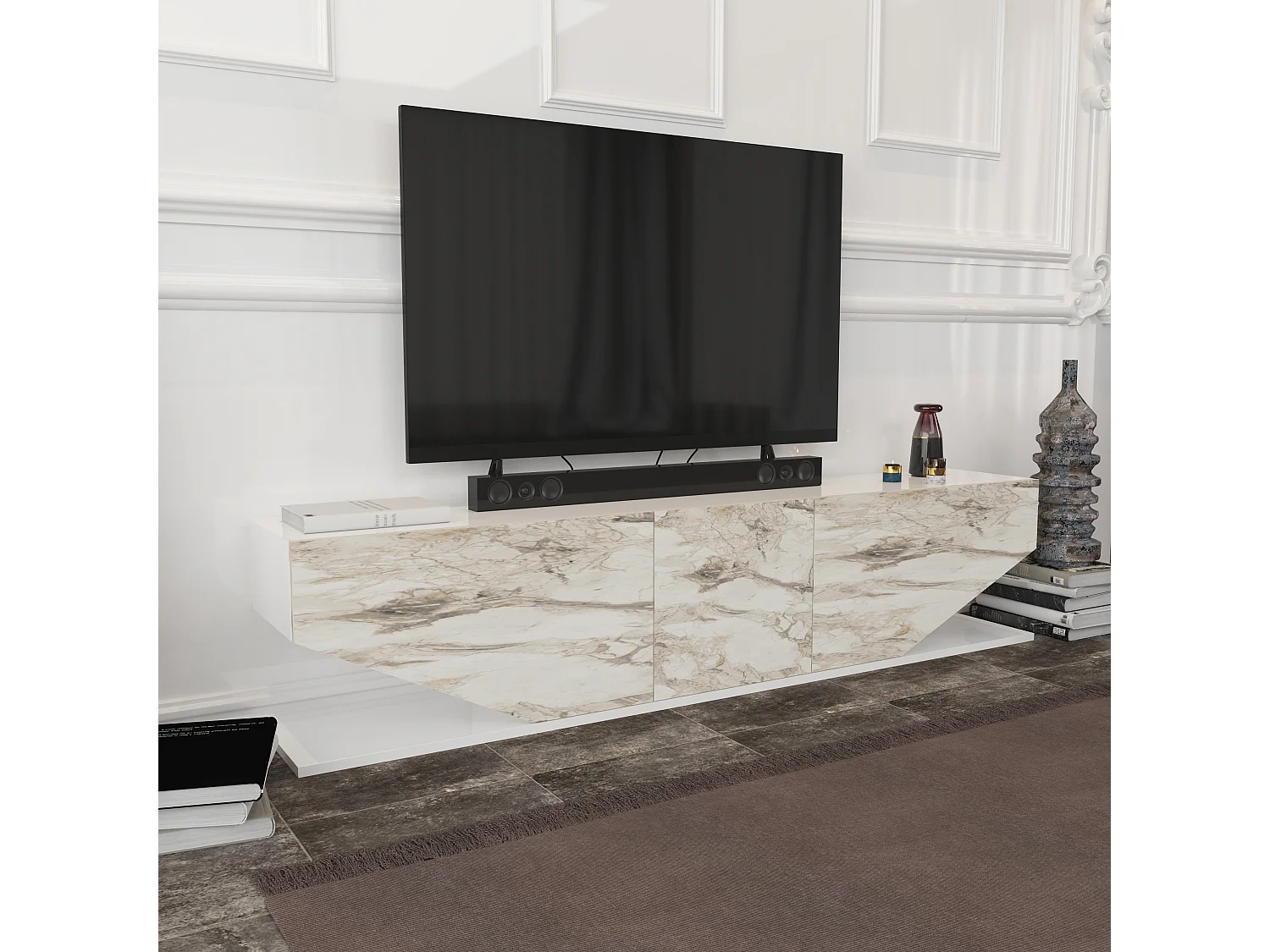Meuble TV Pearl de 180 cm avec des armoires en style ailes (Blanc et Effet marbre blanc)