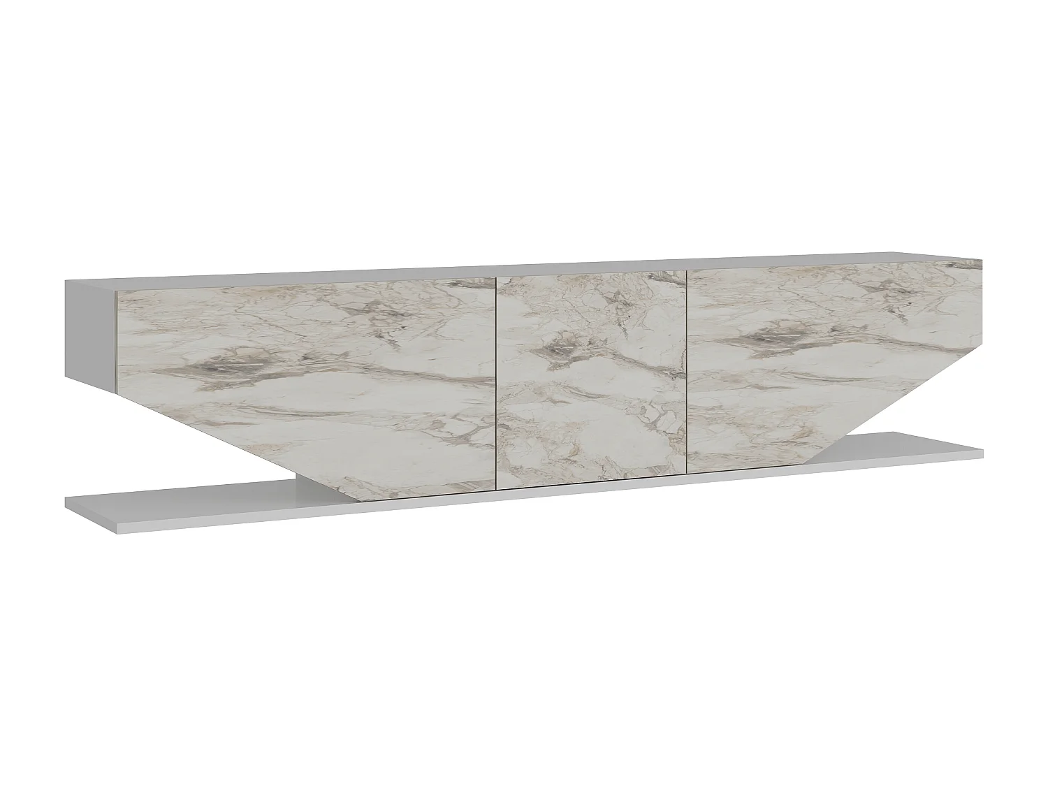 Meuble TV Pearl de 180 cm avec des armoires en style ailes (Blanc et Effet marbre blanc)