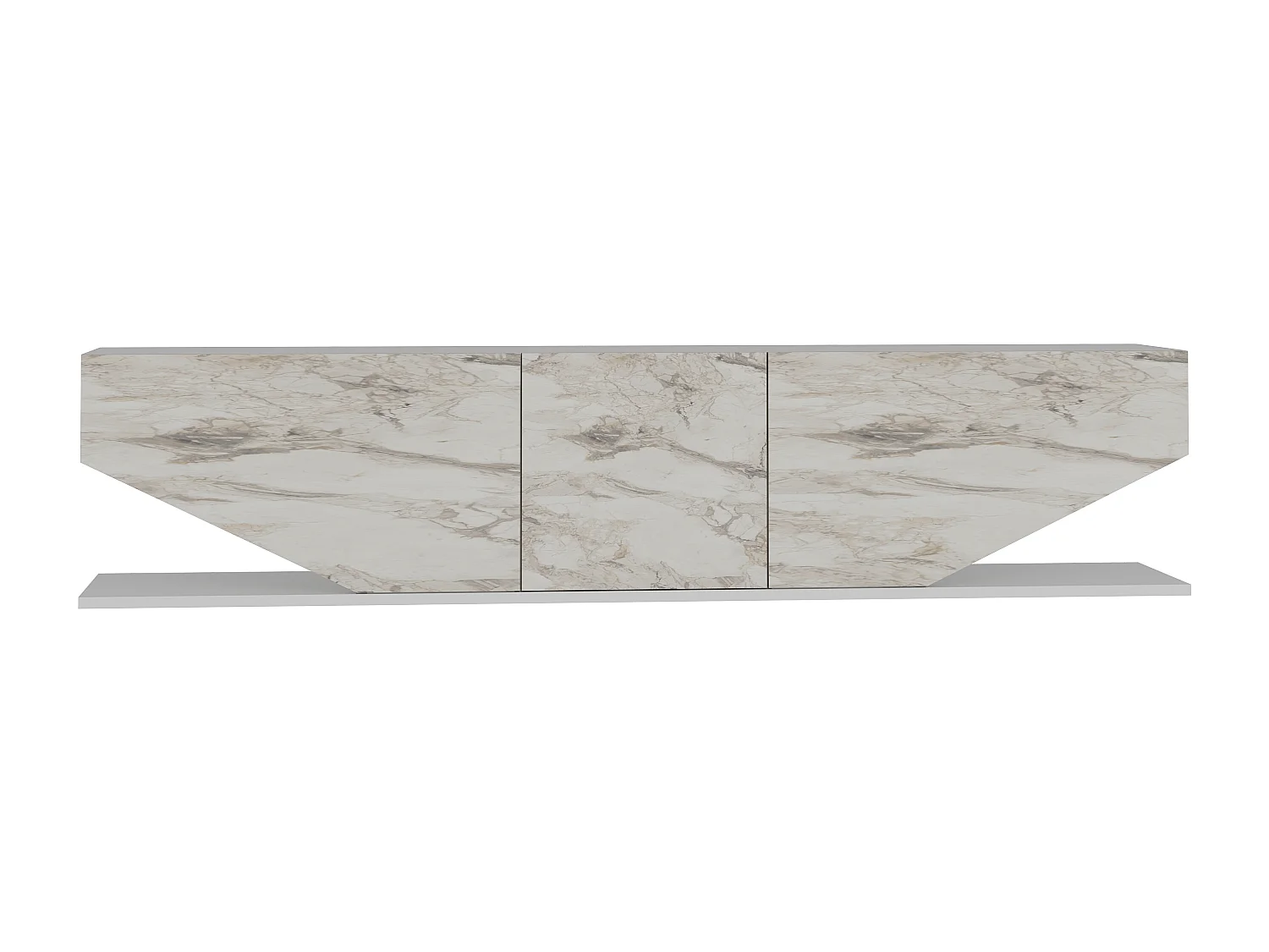 Meuble TV Pearl de 180 cm avec des armoires en style ailes (Blanc et Effet marbre blanc)