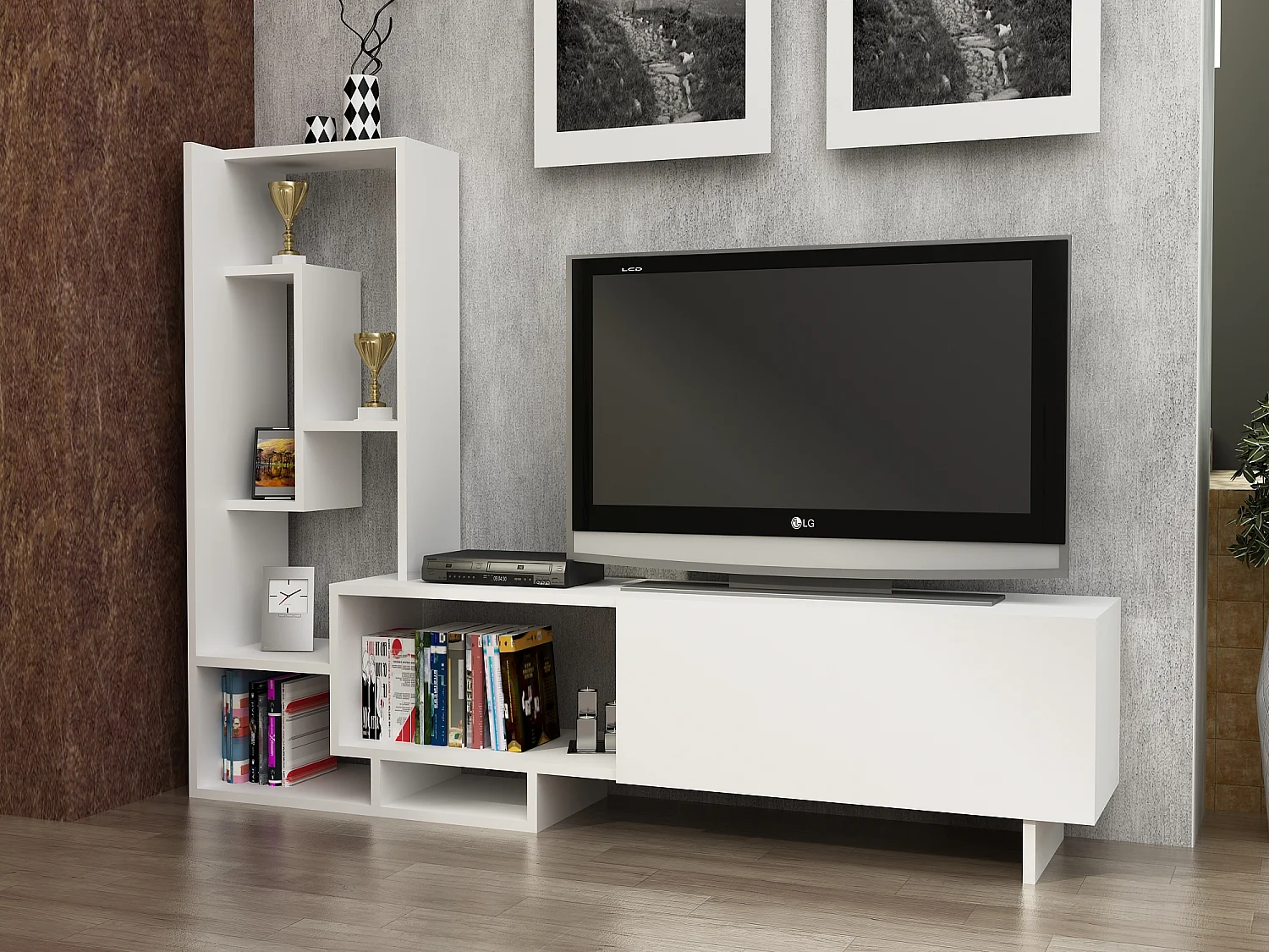 Pegai Meuble TV avec Rangement Armoires et Niches | Convient aux TVs 55" | Blanc