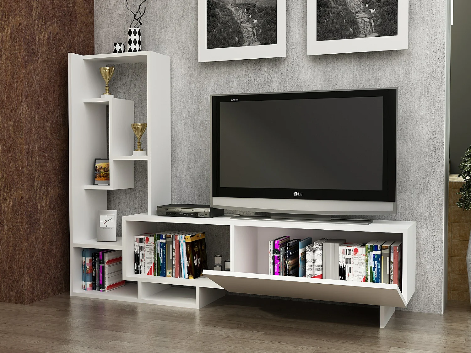 Pegai Meuble TV avec Rangement Armoires et Niches | Convient aux TVs 55" | Blanc