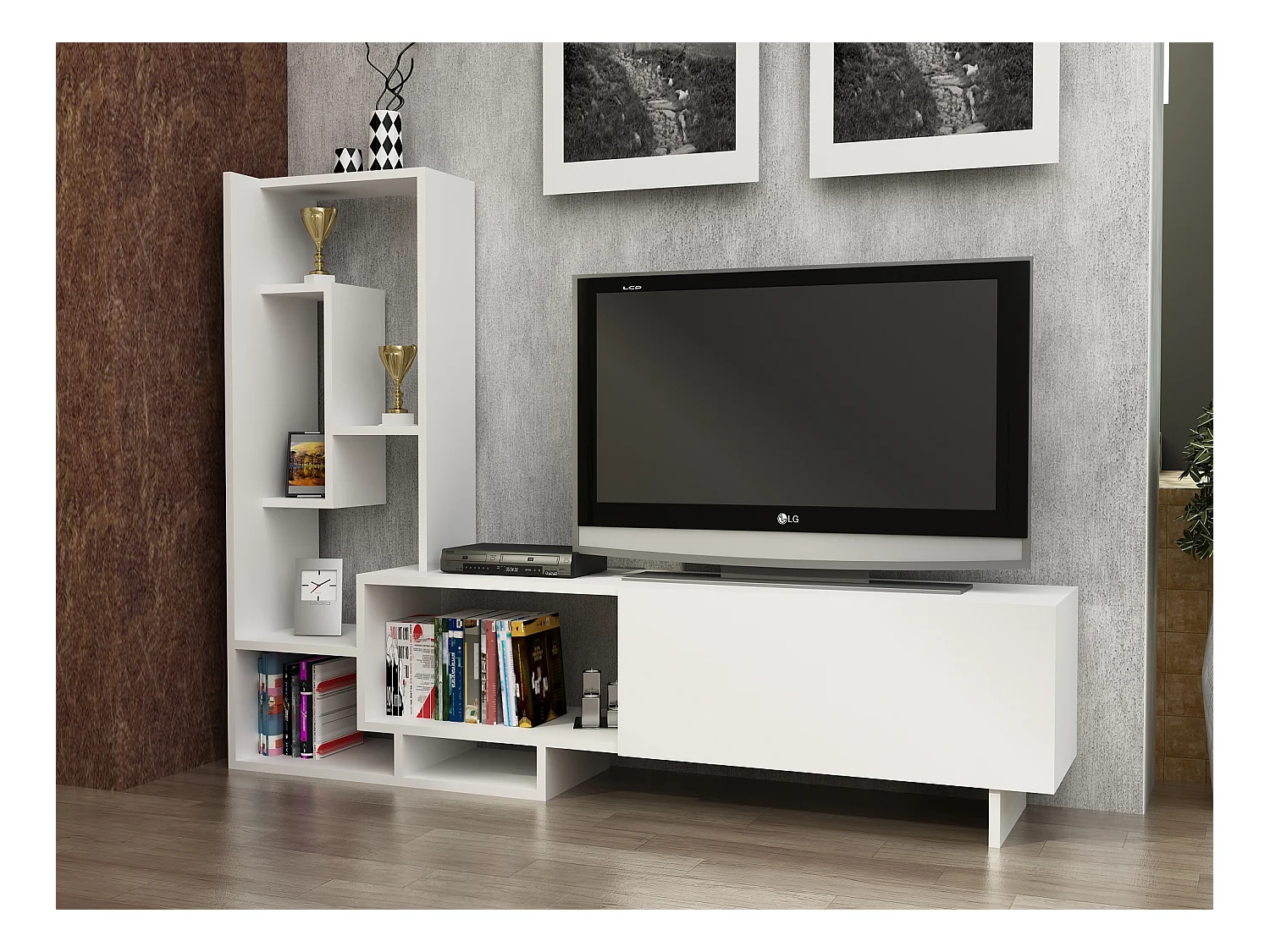 Pegai Meuble TV avec Rangement Armoires et Niches | Convient aux TVs 55" | Blanc