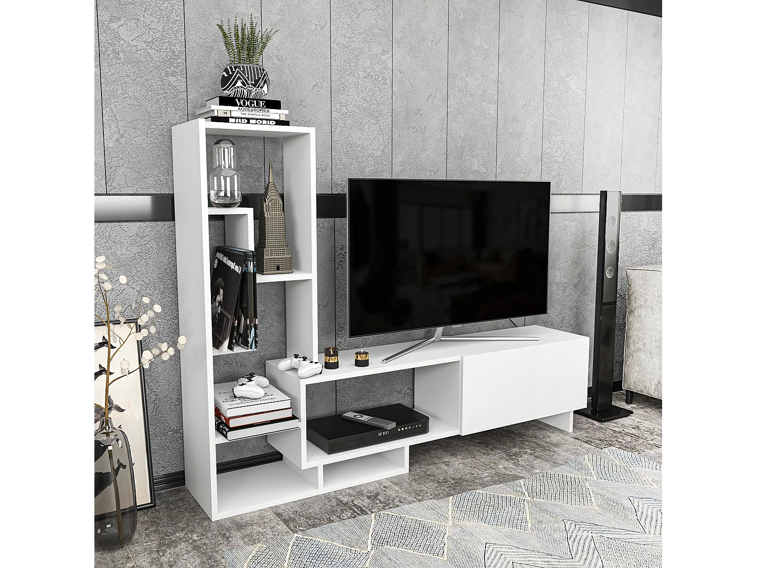 Pegai Meuble TV avec Rangement Armoires et Niches | Convient aux TVs 55" | Blanc