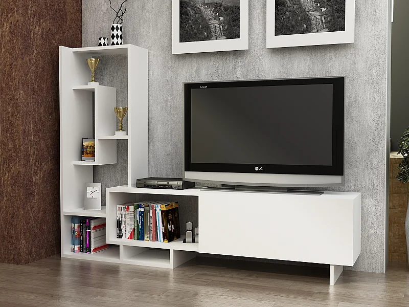 Pegai Meuble TV avec Rangement Armoires et Niches | Convient aux TVs 55" | Blanc