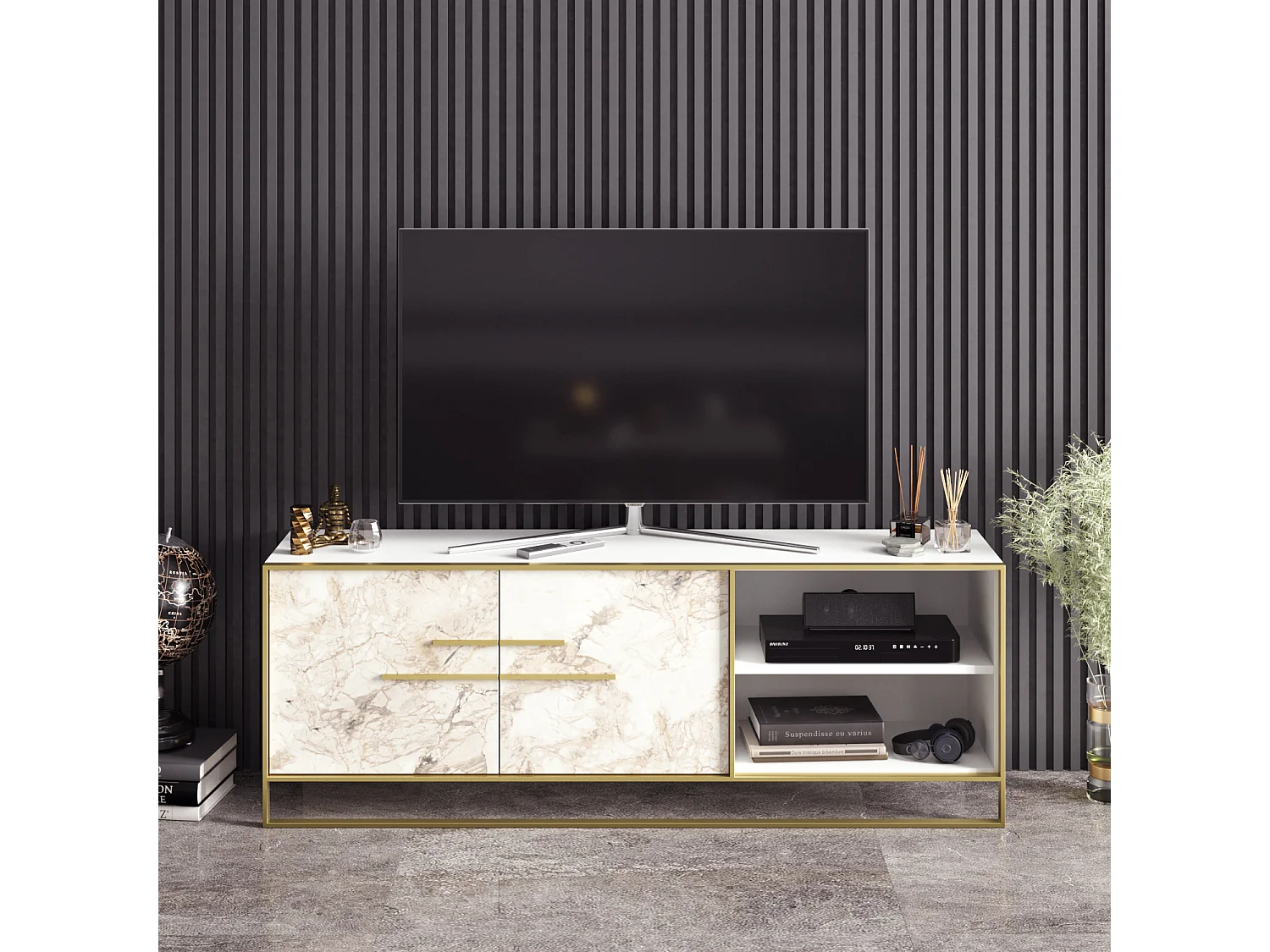 Meuble TV Polka 160 cm Cadre en métal, Placards et Niches (Effet marbre blanc et Doré)