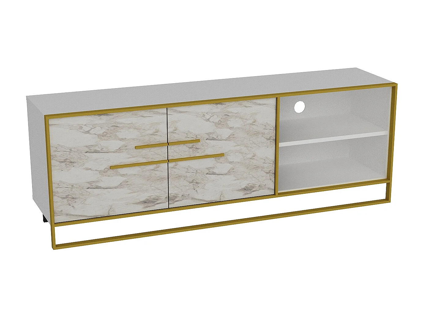 Meuble TV Polka 160 cm Cadre en métal, Placards et Niches (Effet marbre blanc et Doré)