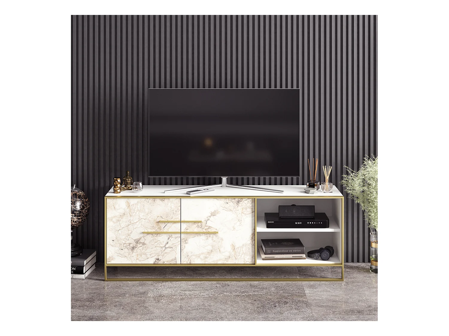 Meuble TV Polka 160 cm Cadre en métal, Placards et Niches (Effet marbre blanc et Doré)