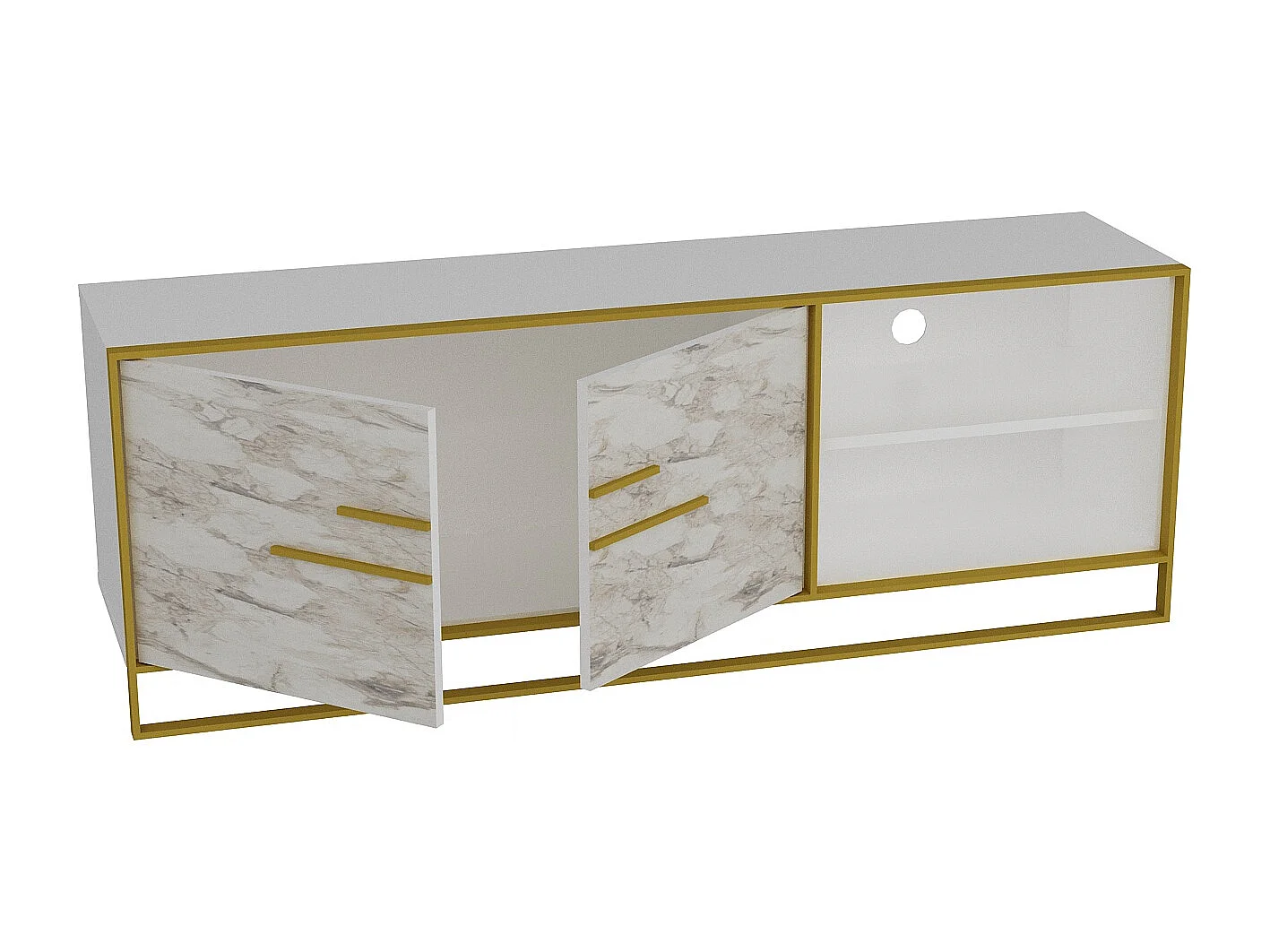 Meuble TV Polka 160 cm Cadre en métal, Placards et Niches (Effet marbre blanc et Doré)