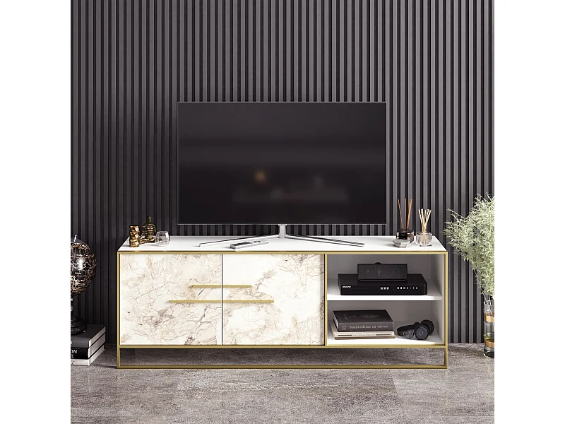 Meuble TV Polka 160 cm Cadre en métal, Placards et Niches (Effet marbre blanc et Doré)