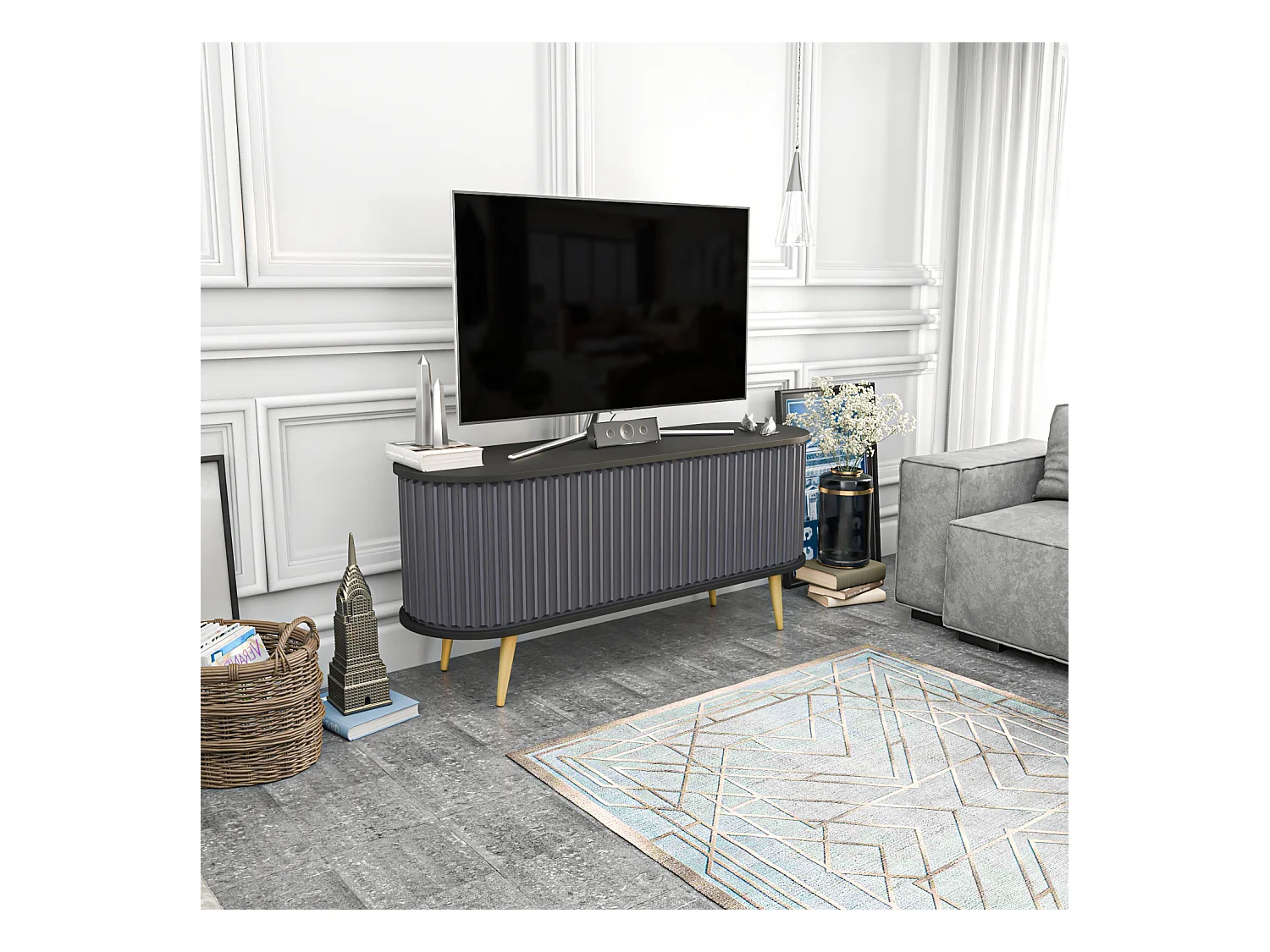 Stor Meuble TV 140 cm Portes Coulissantes MDF (Noir et Anthracite)