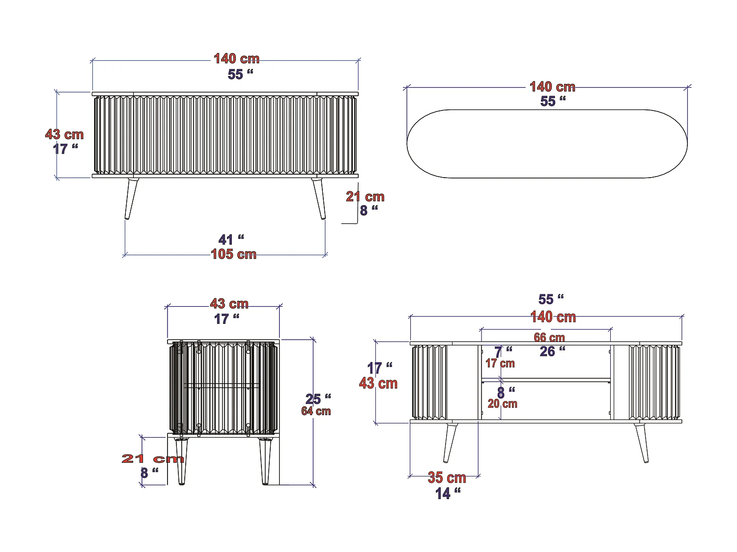 Stor Meuble TV 140 cm Portes Coulissantes MDF (Noir et Anthracite)