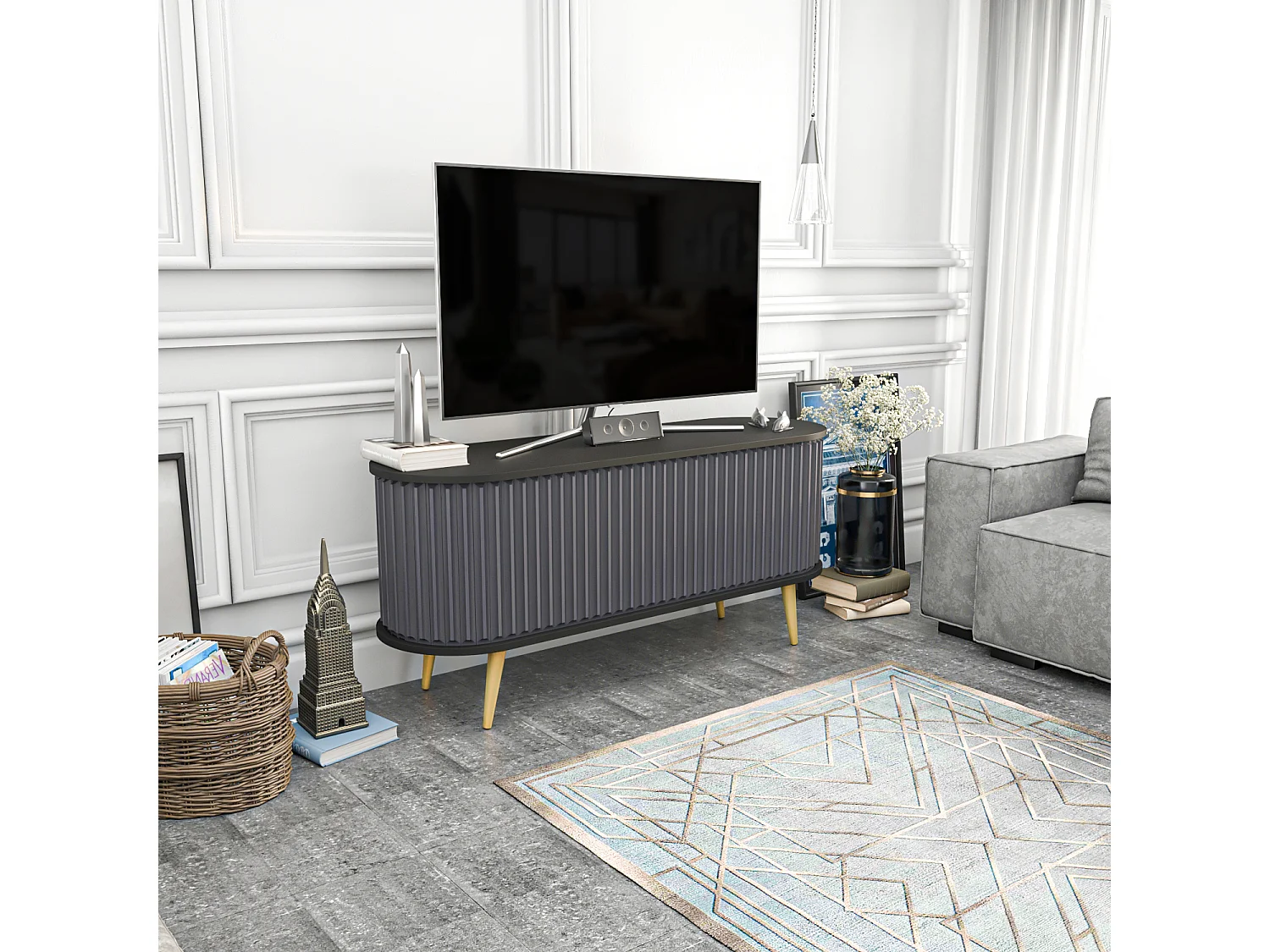 Stor Meuble TV 140 cm Portes Coulissantes MDF (Noir et Anthracite)