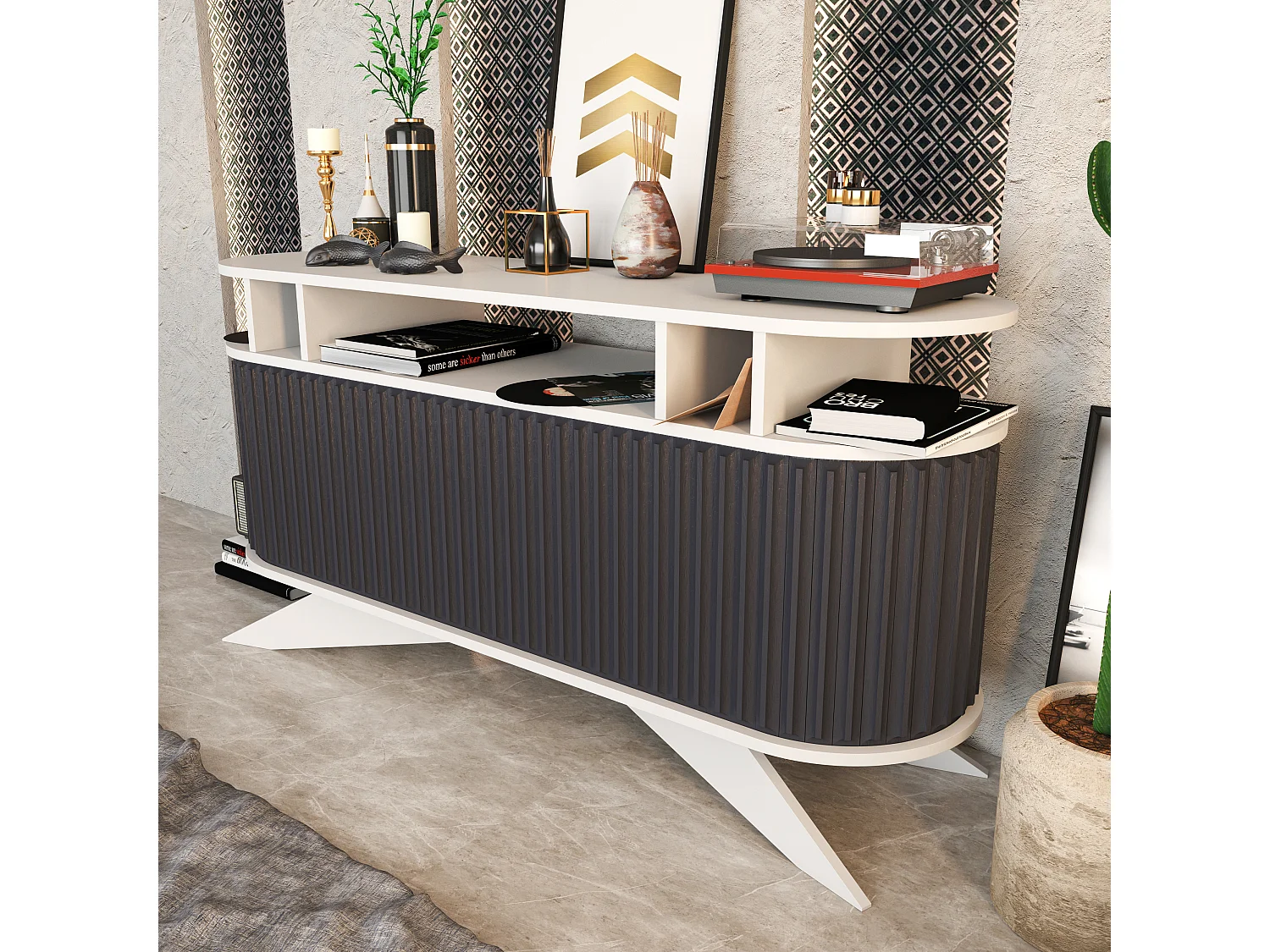 Stor Meuble TV 140 cm Portes Coulissantes MDF (Noir et Anthracite)