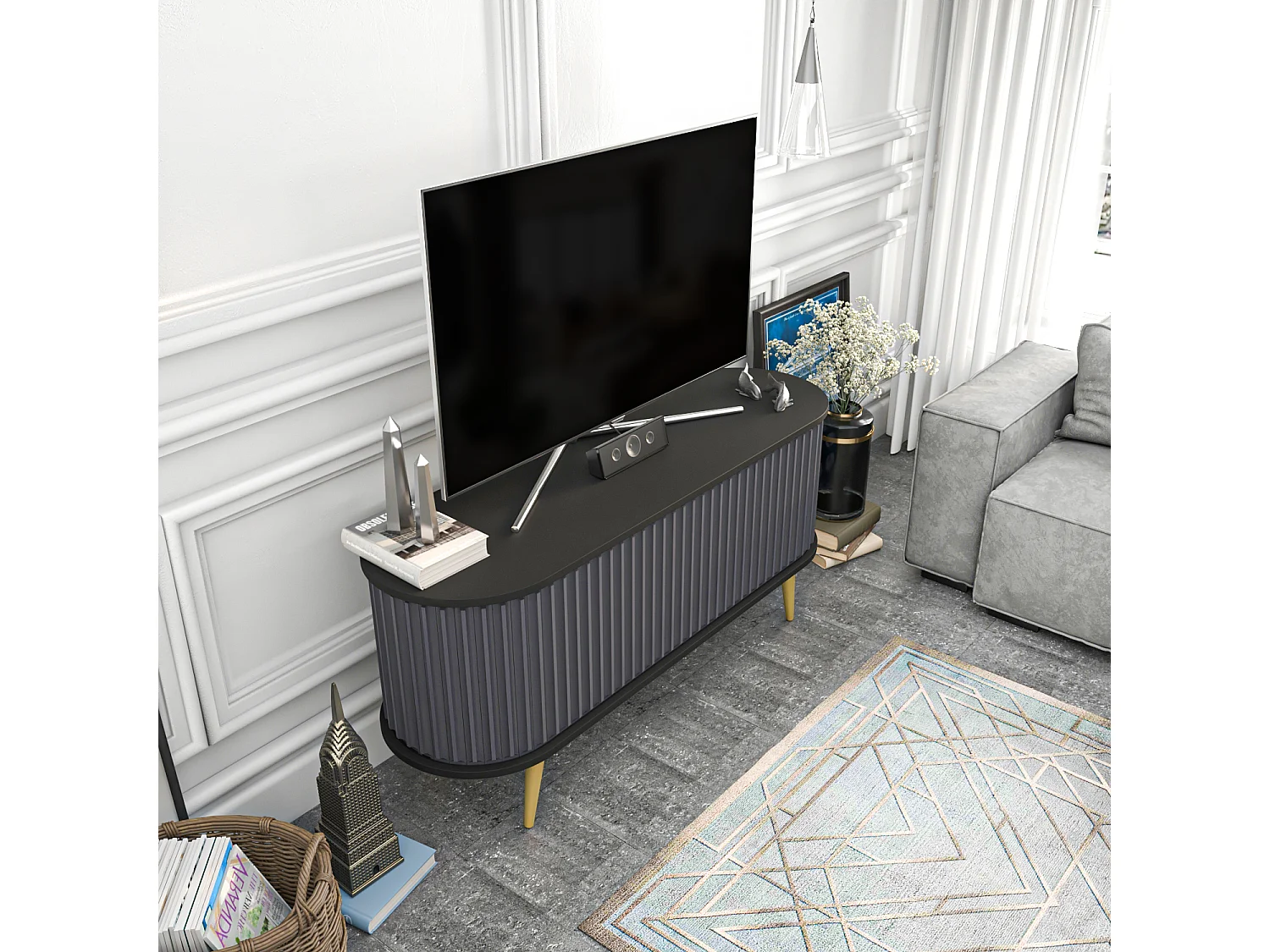 Stor Meuble TV 140 cm Portes Coulissantes MDF (Noir et Anthracite)