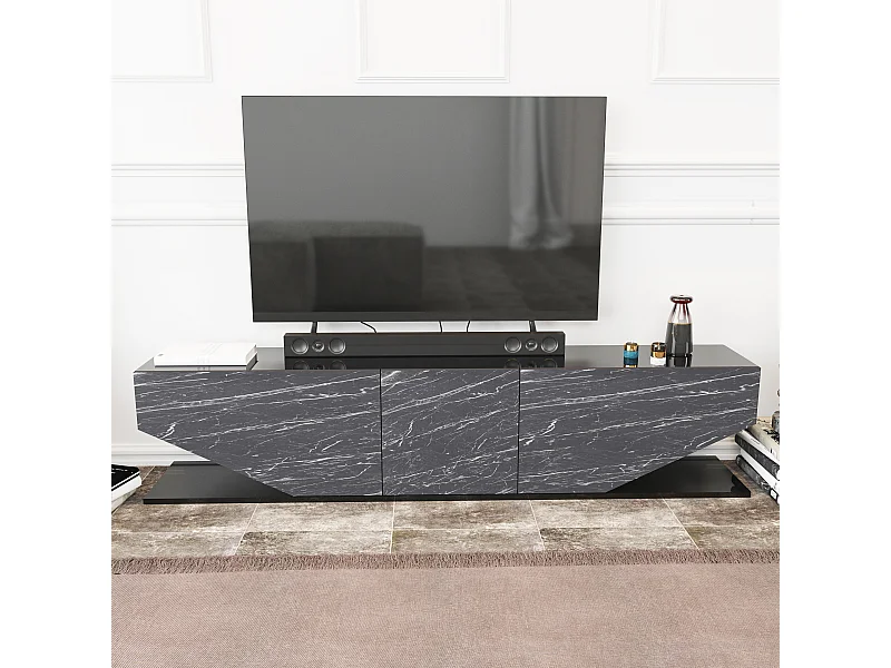 Meuble TV Pearl de 180 cm avec des armoires en style ailes (Effet marbre noir)