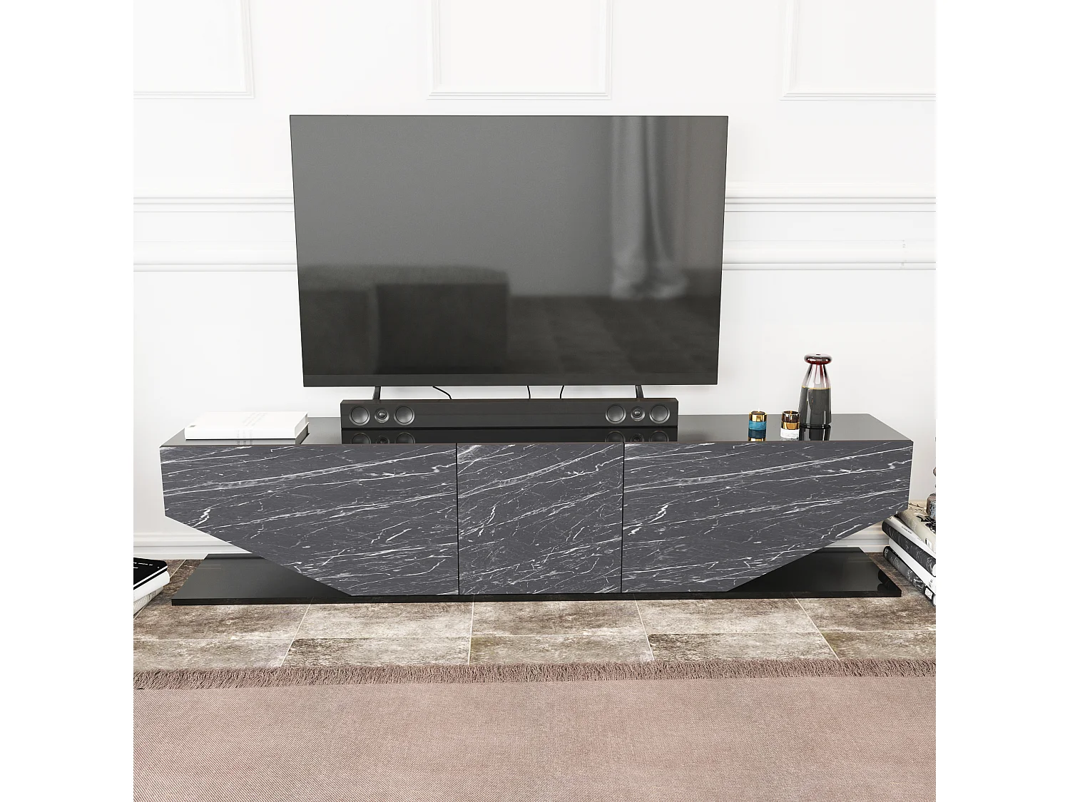 Meuble TV Pearl de 180 cm avec des armoires en style ailes (Effet marbre noir)