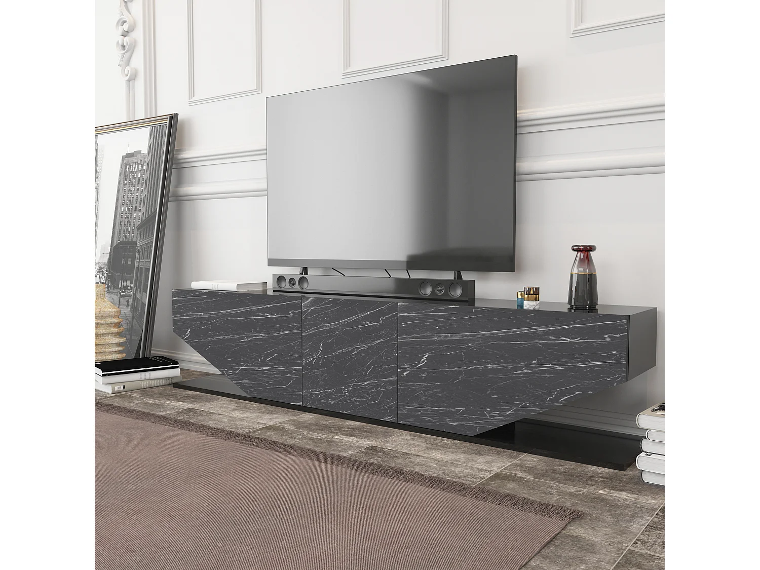 Meuble TV Pearl de 180 cm avec des armoires en style ailes (Effet marbre noir)