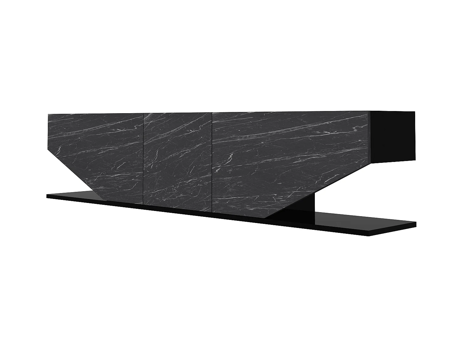 Meuble TV Pearl de 180 cm avec des armoires en style ailes (Effet marbre noir)